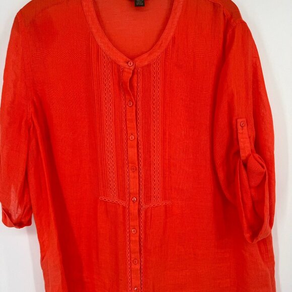 Tommy Bahama Womens orange Linen Button-Up Blouse size XL 3/4 roll tab sleeve - Picture 7 of 13